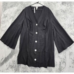 NEW‎ ASOS Curve Dress Womens 20 Black Button Up Linen-Look Mini Fluted Sleeves